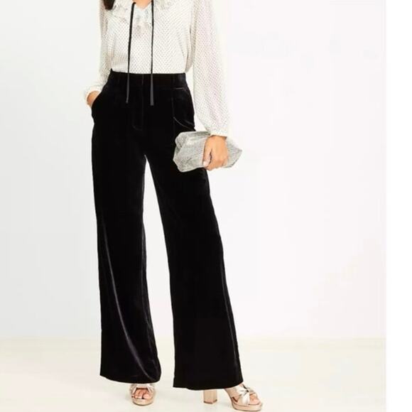 NEW LOFT The Peyton Velvet Trouser SZ 12 Wide Leg High Rise Pleated Pants Black - Picture 1 of 13